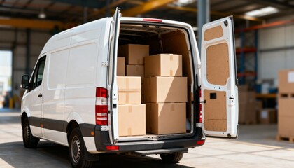 White delivery van with open rear doors loaded with brown cardboard boxes in a warehouse setting.