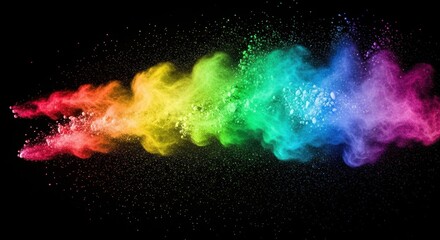 Obraz premium Dynamic Rainbow Color Powder Cloud Exploding Horizontally on Black Background.