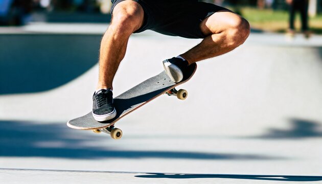 Close-up shot of a skateboarder airborne during a trick in a sunny outdoor skatepark, focusing on the legs and board.