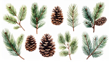 Watercolor collection of pine tree branches and pinecones isolated on white background.