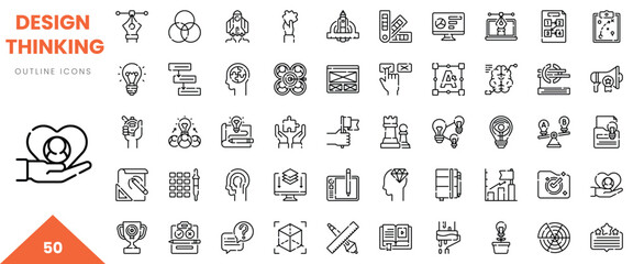 Collection of design thinking outline icons showcasing creativity and innovation.