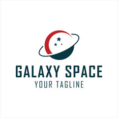 Obraz premium Planet With Ring And Stars Logo. Symbol Of Space, Astronomy, Global, And Technology