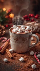 Hot Christmas cocoa with marshmallows and cinnamon on festive table setting  