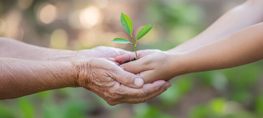 A tender moment of intergenerational connection, with a child and elder holding a seedling together. Symbolizing hope, growth, and the promise of a greener future.