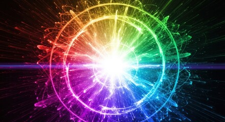 Fototapeta premium Vibrant Rainbow Explosion - Abstract Energy Burst with Circular Light and Radiance.