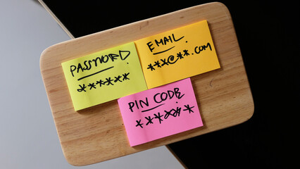 password management, password, mail, bank, facebook, message concept written post it on wood board.