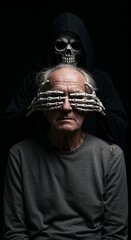 Elderly man sitting with skeleton figure covering his eyes in dark background  