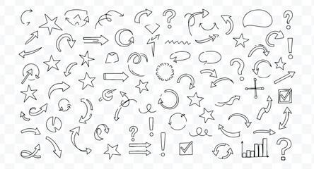 Obraz premium Collection of hand drawn sketch arrows, stars, question mark, exclamation mark, speech bubble, and chart elements