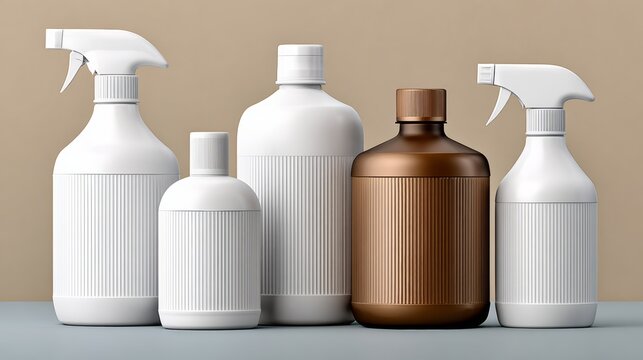 Collection of various cleaning product bottles in white and brown colors, showcasing different shapes and sizes, arranged on a minimalist surface against a neutral background, ideal for commercial use
