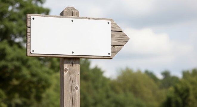 Rustic wooden signpost with blank white sign in nature - Powered by Adobe