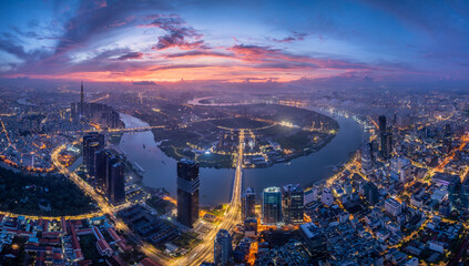 Aerial view of finance center in Ho Chi Minh city (Sai Gon), Vietnam. Urban southeast asia background