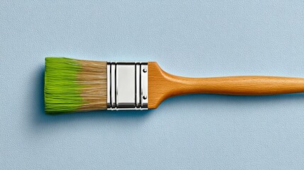 Paintbrush with vibrant green bristles resting on a textured light blue surface, showcasing artistic tools for creative projects and home improvement endeavors