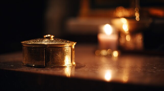 pyx. Golden pyx on church altar illuminated by warm candlelight, shallow depth of field. event programs, museum guides, designed for cultural heritage projects and event programs.