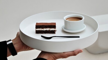 Elegant dessert presentation featuring a slice of chocolate cake and a cup of espresso on a modern white plate, showcasing culinary artistry and refined dining experience