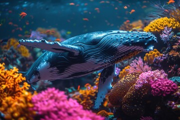 A majestic blue whale gracefully swims through a vibrant coral reef, showcasing the beauty of marine life in an underwater setting.