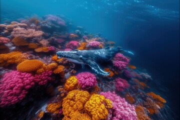 Fototapeta premium A majestic whale shark gracefully navigates a thriving coral reef ecosystem in the deep blue ocean. Vibrant colors and diverse marine life create a stunning underwater scene.