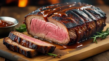 Gourmet roast beef cut on wooden board covered with delicious sauce and sides, offering a tantalizing glimpse into culinary delights.