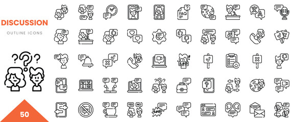 A collection of 50 outline icons depicting discussions and communications in a minimalistic style.