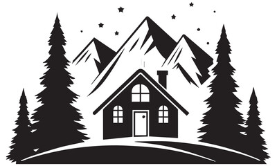 Fototapeta premium Mountain Cabin Vector – Cozy House, Nature Landscape, and Pine Forest Silhouette