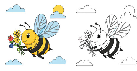 Cute Cartoon Bee Flying with Flower Bouquet. Happy Bumblebee Character Holding Gift in Sky with Sun and Clouds for Spring Design Vector Illustration.
