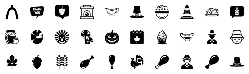 Black and White Thanksgiving Food Icons, Roasted Bird, Chicken Drumstick, Pie, Dessert Collection, Holiday Illustration Pack