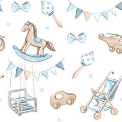 Watercolor Baby Boy Nursery Items Seamless Pattern