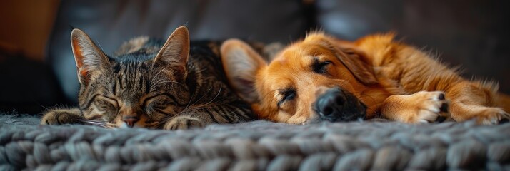 Obraz premium A domestic cat and dog peacefully resting together on a comfortable couch. This heartwarming image depicts companionship and relaxation.