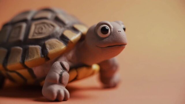 Close-up macro video of a handmade clay turtle figurine moving gently, warm studio lighting, soft focus transition, pastel background, cinematic composition, clean and no noise.