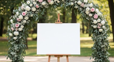 Blank canvas on easel under floral wedding arch outdoors
