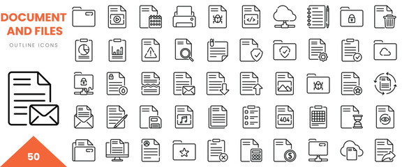 A collection of 50 diverse outline icons representing various documents and file types. © Kupict
