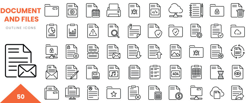 A collection of 50 diverse outline icons representing various documents and file types.
