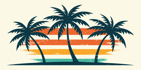 Retro Palm Tree Sunset Vector Illustration with Distressed Tropical Beach Design