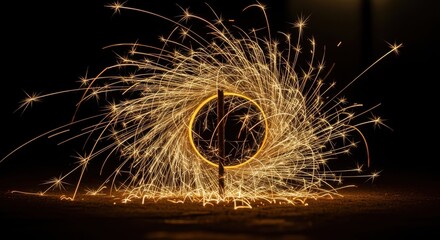 Captivating Steel Wool Fire Spinning - Circular Light Trails Against Black Backdrop.