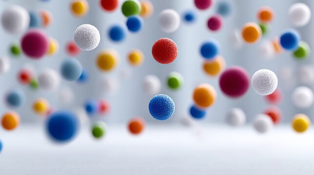 Colorful floating spheres in various sizes and textures, creating a vibrant and dynamic atmosphere, showcasing playful design elements and abstract visual appeal for creative projects
