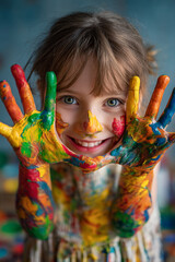 Obraz premium A young artist with paint-splattered hands proudly displaying a vibrant finger painting, their face beaming with accomplishment.