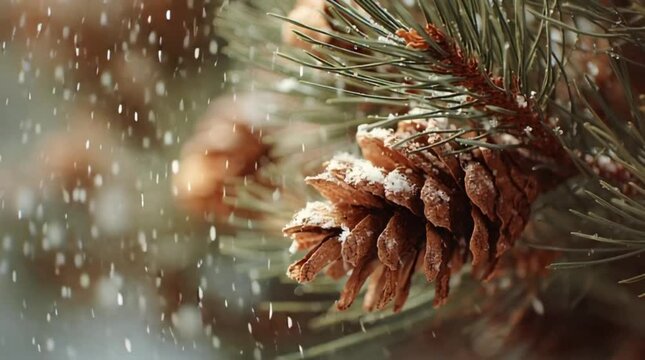 Winter pine cone detail in snowfall. Dancing couple silhouette excluded