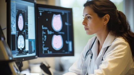 Doctor Analyzing Brain Scans on Computer Screens
