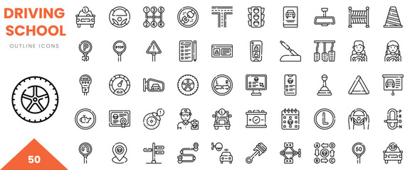 Set of outline icons representing various driving school elements including traffic signs and vehicles.