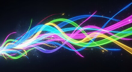 Vibrant Neon Light Trails on Black Background, Abstract Energy Flow, Dynamic Motion.
