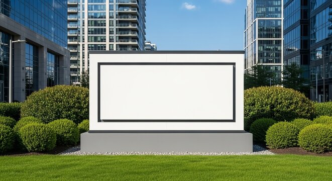 Blank outdoor billboard display surrounded by greenery and modern buildings