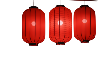 Three red chinese lanterns hanging isolated on transparent background