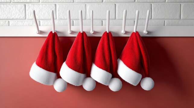 Four festive red and white Christmas hats hanging neatly on hooks against a textured white brick wall, creating a cheerful holiday atmosphere with vibrant colors and cozy vibes