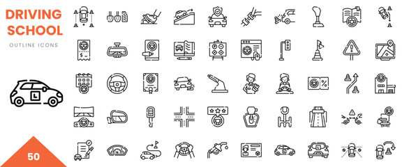 A collection of outline icons representing various aspects of driving school education.