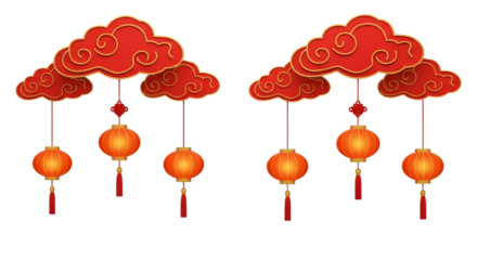 Chinese new year lanterns and clouds decoration isolated on transparent background