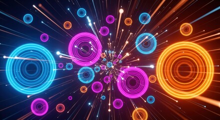 Vibrant Neon Rings Explode with Cosmic Energy and Streaks of Light.