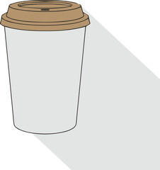 Disposable coffee cup with brown lid casting a long shadow, simple illustration.