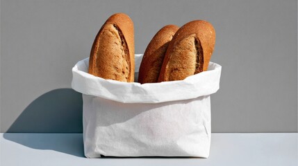 Freshly baked bread rolls displayed in a white paper bag, showcasing golden crusts and soft interiors, with a minimalist gray background enhancing the visual appeal of the bakery product