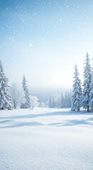 Obraz premium Winter landscape with snow covered trees and falling snowy fores