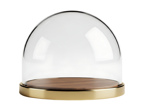 Luxury Glass Dome Display Case with Wood Base and Gold Rim on Transparent Background