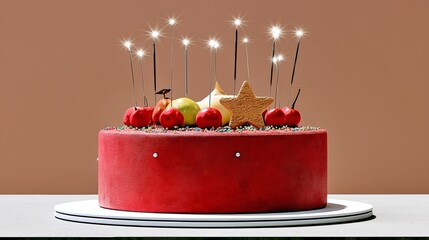Red festive cake adorned with colorful fruits, decorative star, and sparkling candles, set against a minimalist background, perfect for celebrations and special occasions